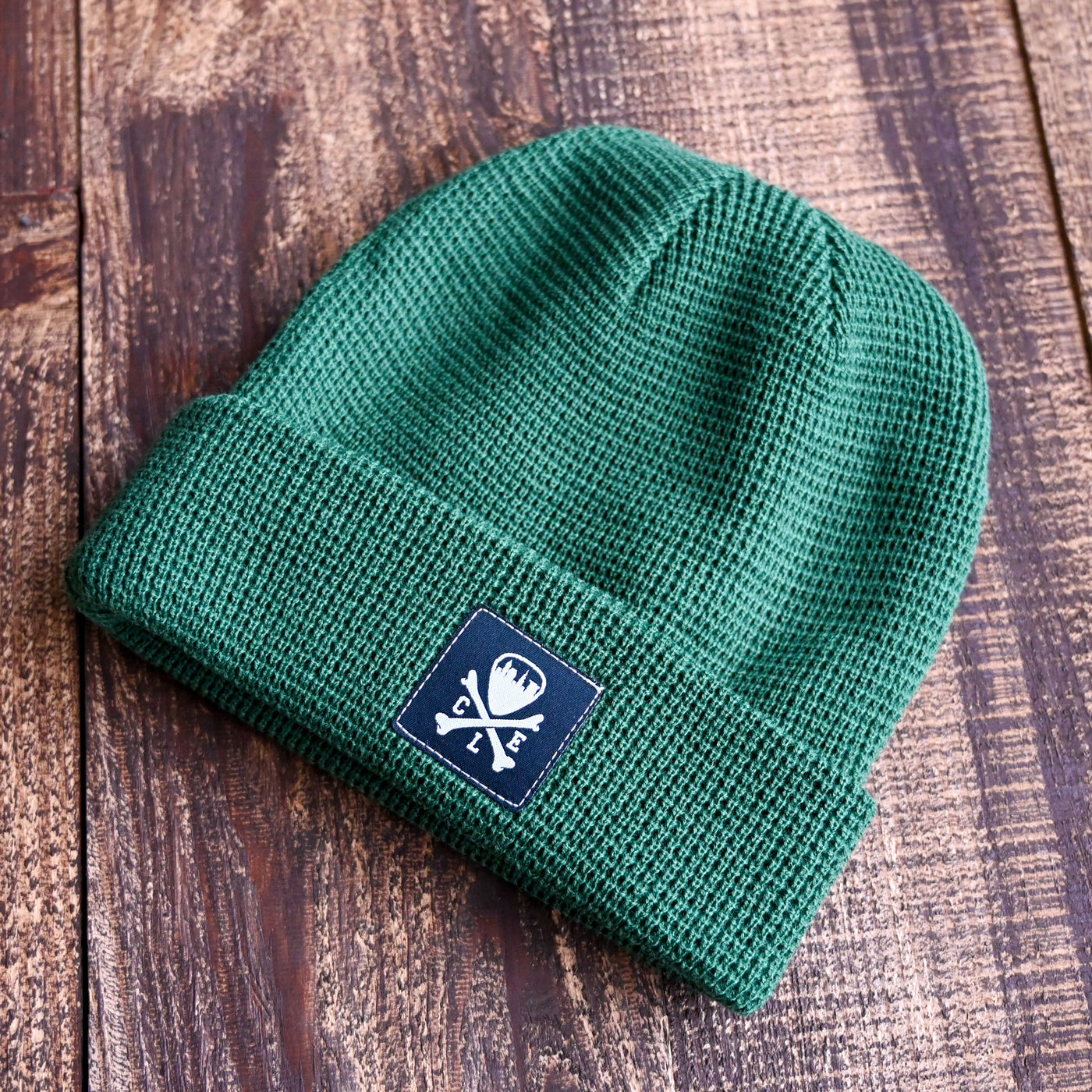 CLE Logo Waffle Knit Beanie, Forest Green