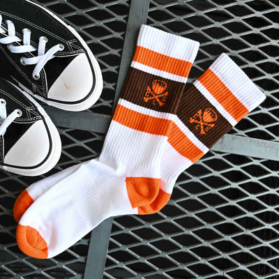CLE Logo - Striped Crew Socks - Brown/Orange