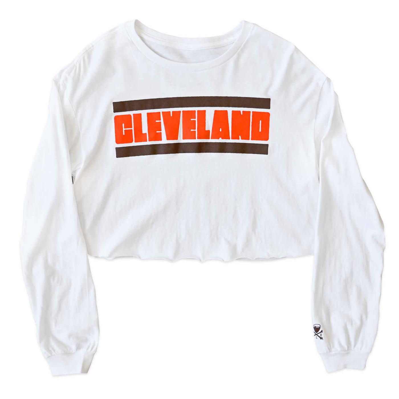 Cleveland Football Stripe - Womens Long Sleeve Cropped Crew Neck T-Shirt