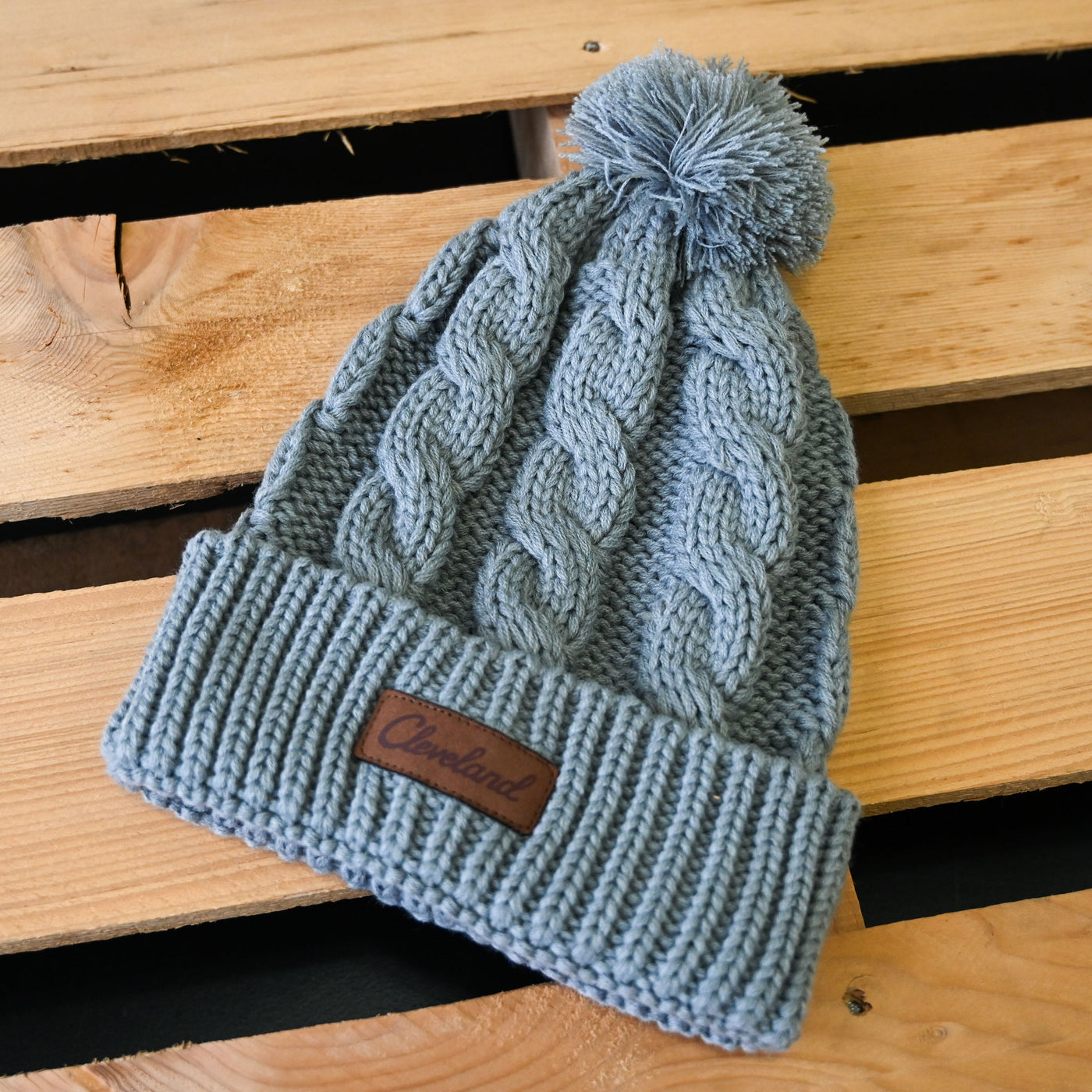 Cleveland Leather Patch Cable Knit Beanie - Grey