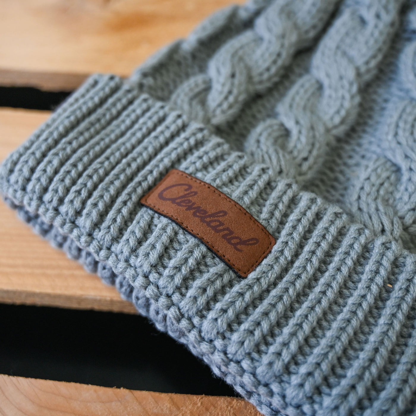 Cleveland Leather Patch Cable Knit Beanie - Grey