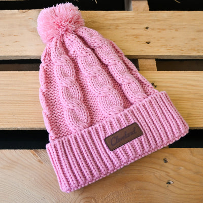 Cleveland Leather Patch Cable Knit Beanie - Pink