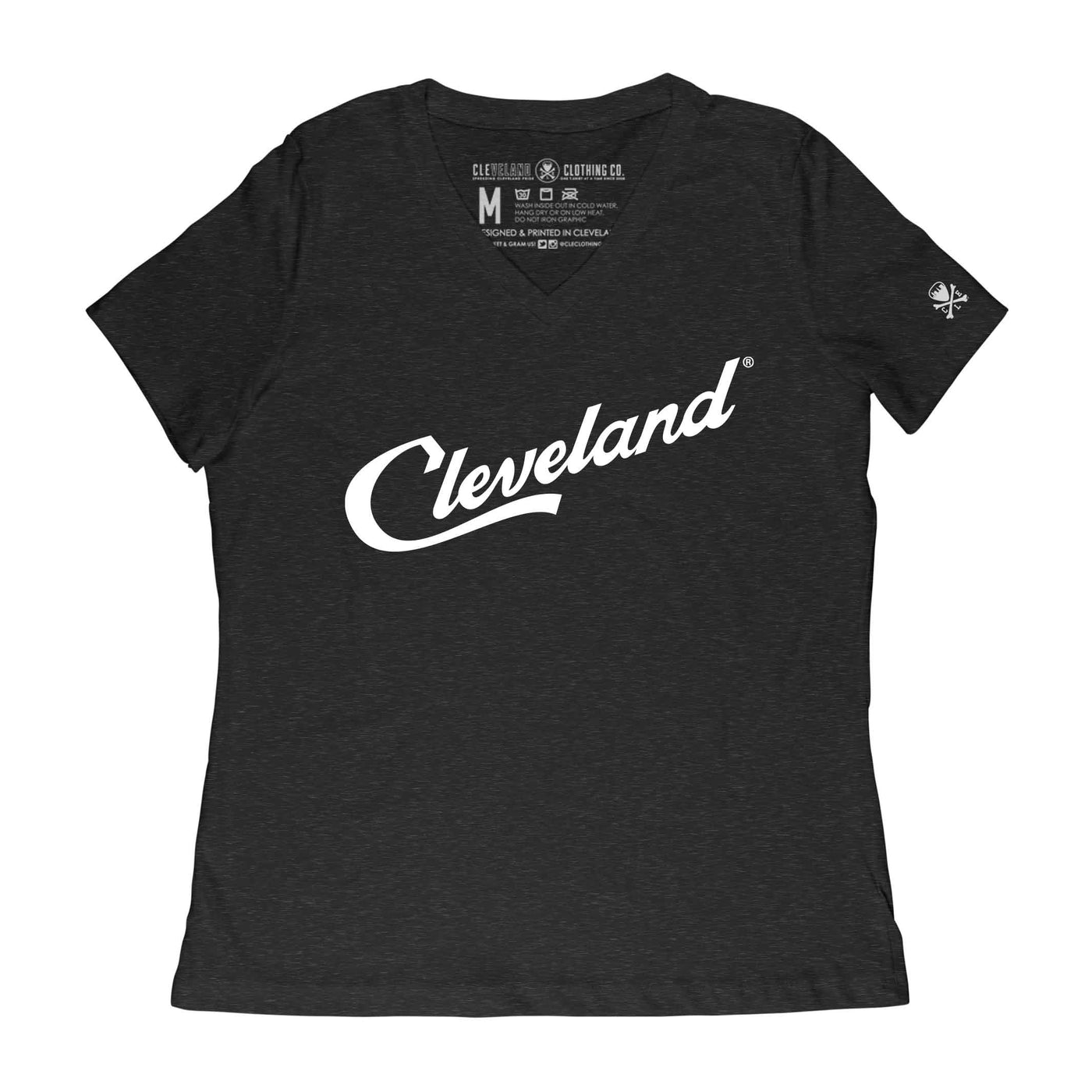 Cleveland Script - Womens Relaxed Fit V-Neck T-Shirt - Heather Black