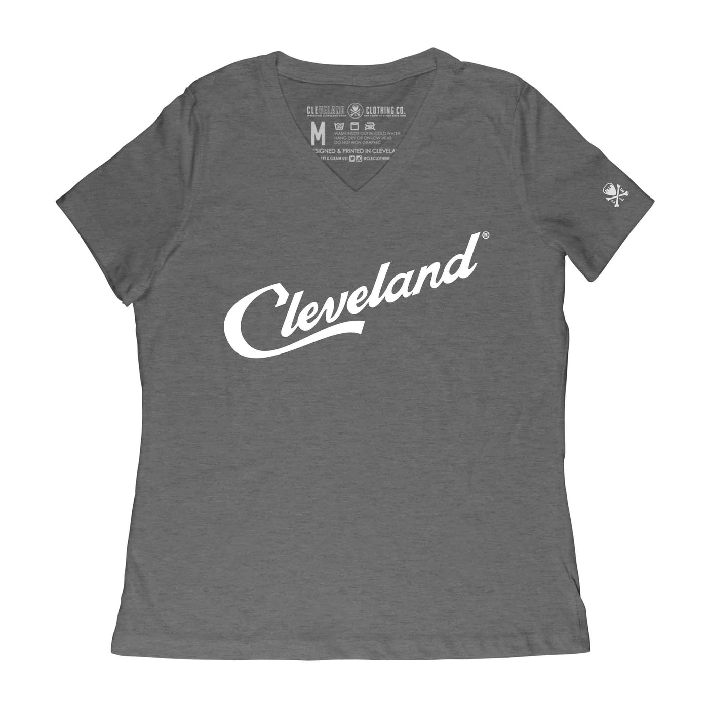 Cleveland Script - Womens Relaxed V-Neck T-Shirt - Heather Grey