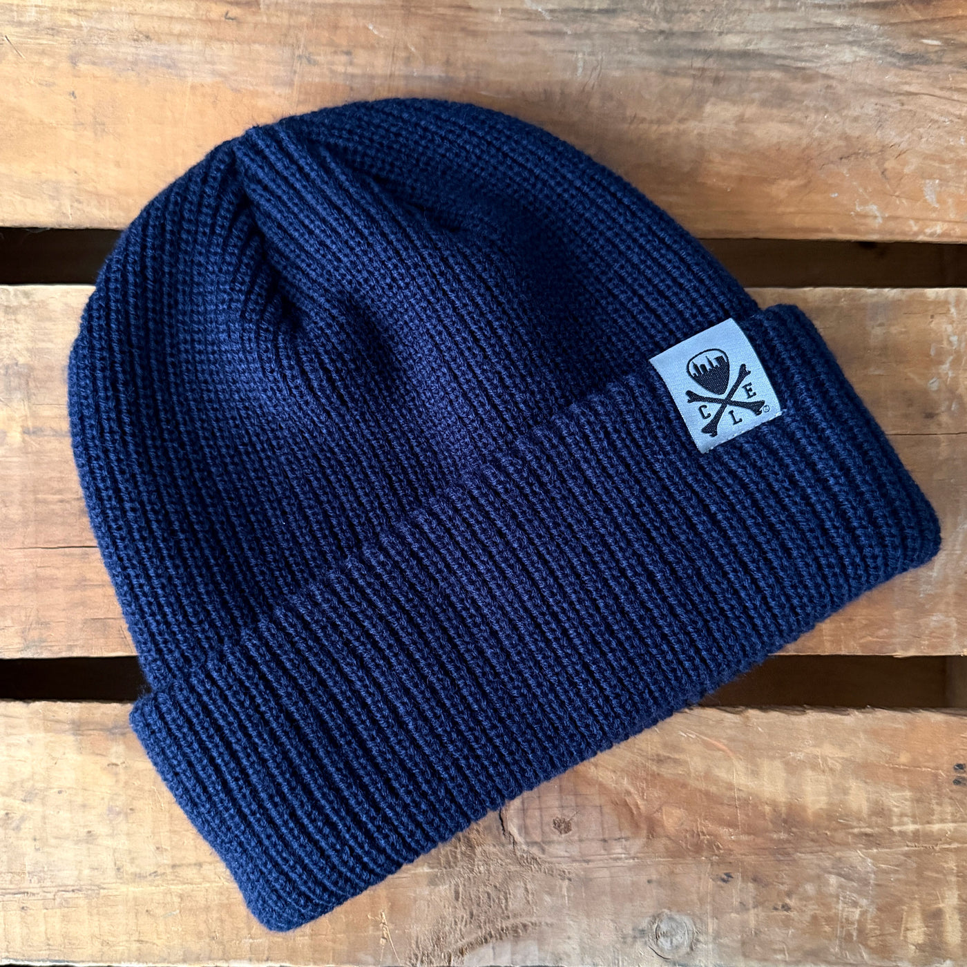 CLE Logo Shallow Rib Knit Beanie - Navy