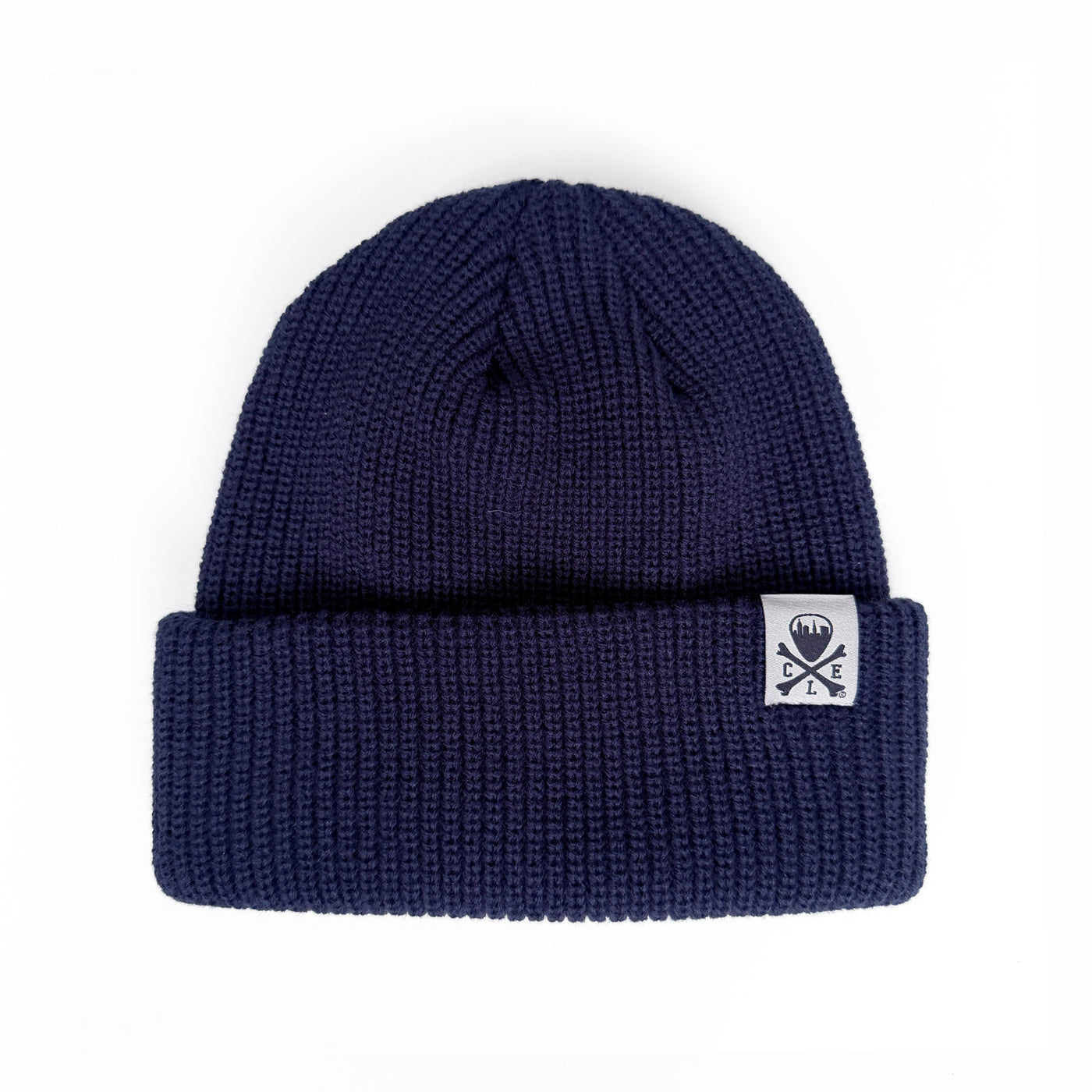 CLE Logo Shallow Rib Knit Beanie - Navy