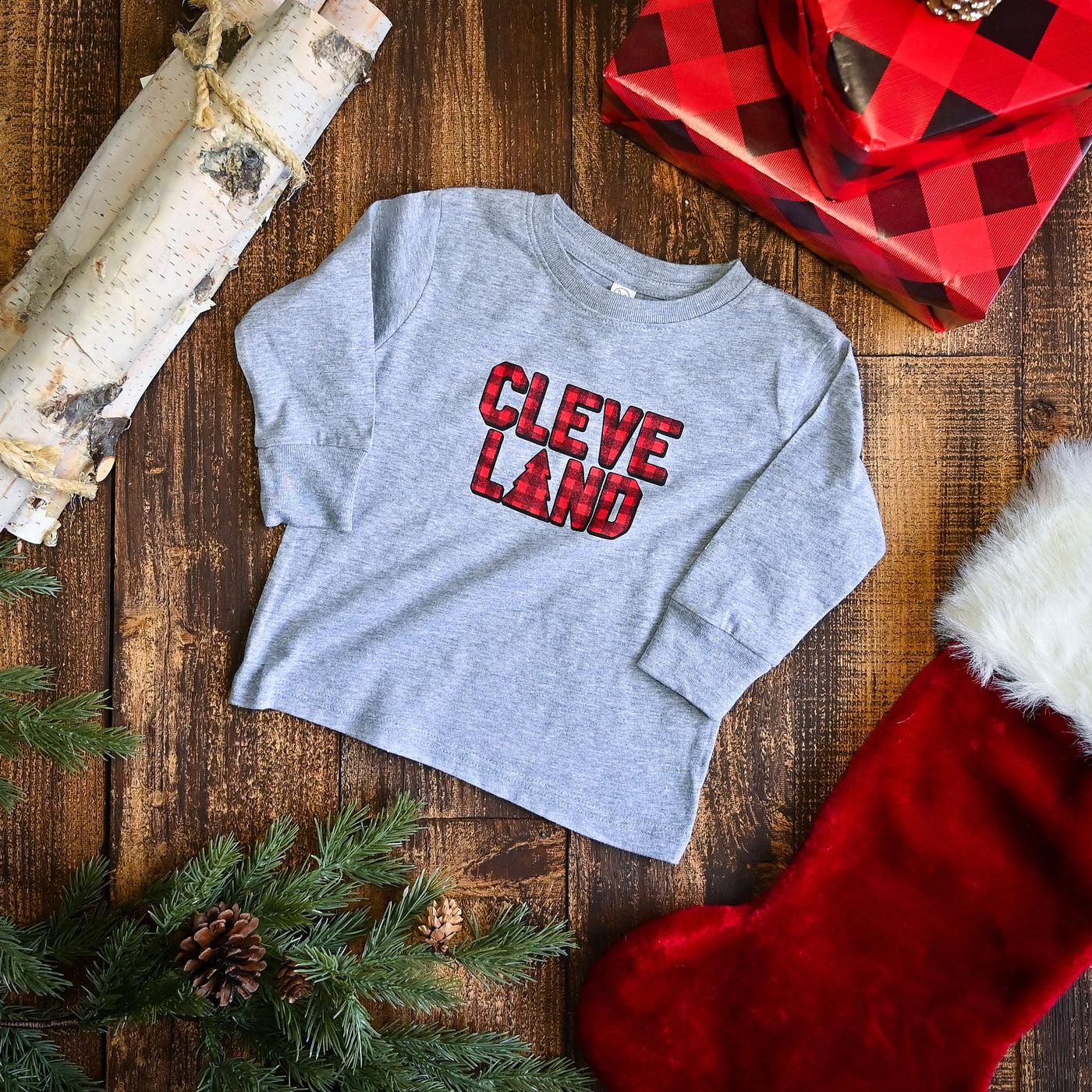 CLEVELAND - Buffalo Plaid - Toddler Long Sleeve Crew T-Shirt