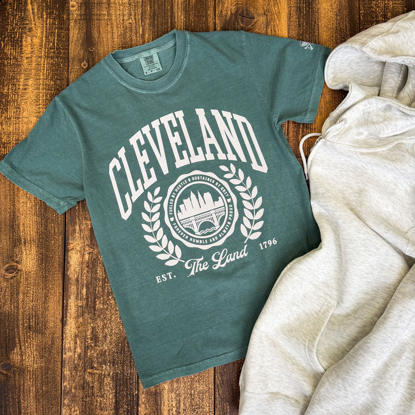 Cleveland Collegiate Seal - Mens/Unisex Crew T-shirt - Blue Spruce