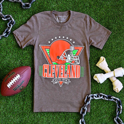 Cleveland Football Helmet Throwback - Mens/Unisex Crew T-shirt - Heather Brown