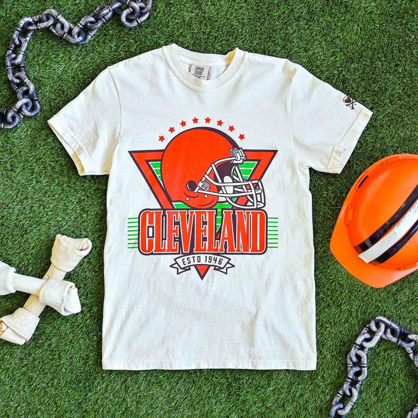 Cleveland Football Helmet Throwback -  Mens/Unisex Crew T-Shirt - Ivory