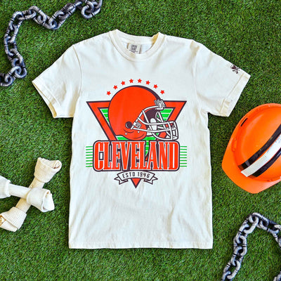 Cleveland Football Helmet Throwback -  Mens/Unisex Crew T-Shirt - Ivory