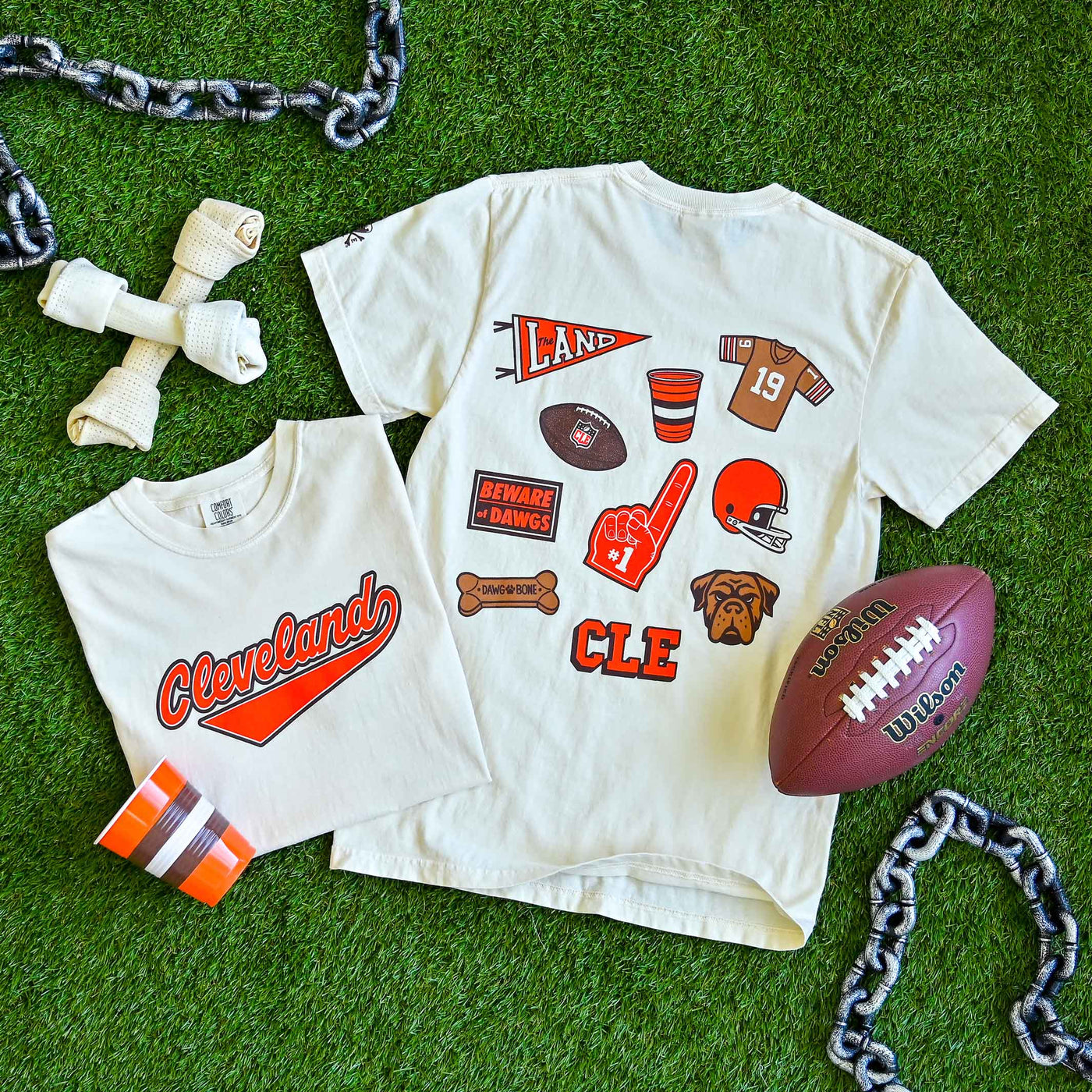 Cleveland Football Patches - Mens/Unisex Crew T-shirt - Ivory