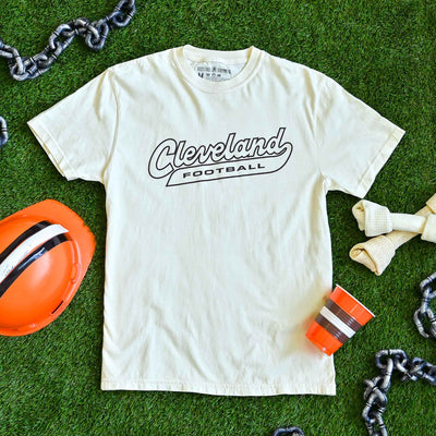 Cleveland Football Script - Mens/Unisex Crew T-shirt - Ivory