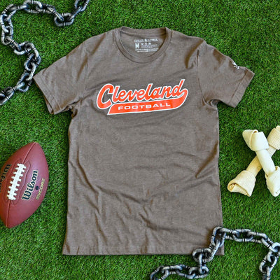 Cleveland Football Script - Mens/Unisex Crew T-shirt - Heather Brown