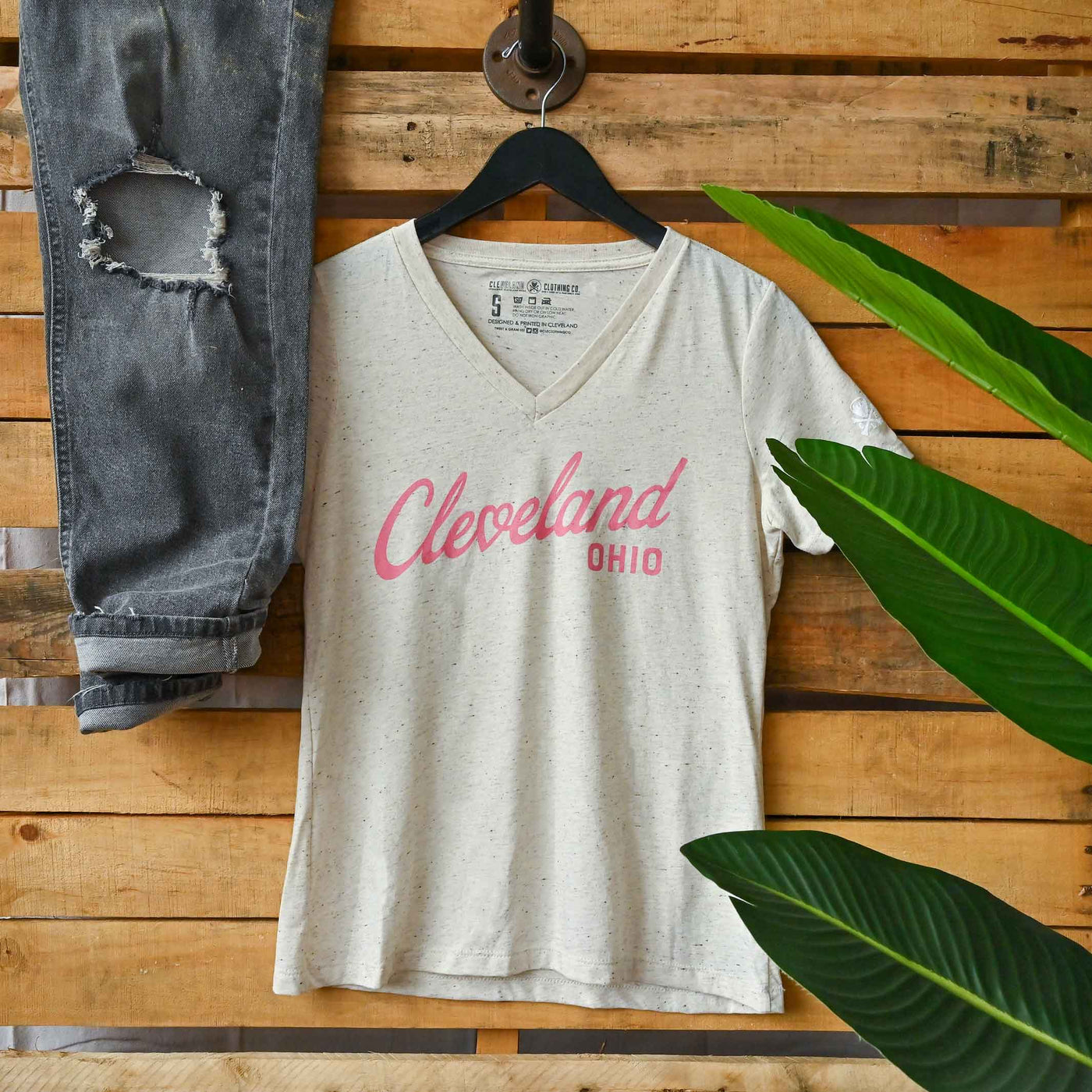 Cleveland Heart Script - Womens Relaxed Fit V-Neck T-Shirt