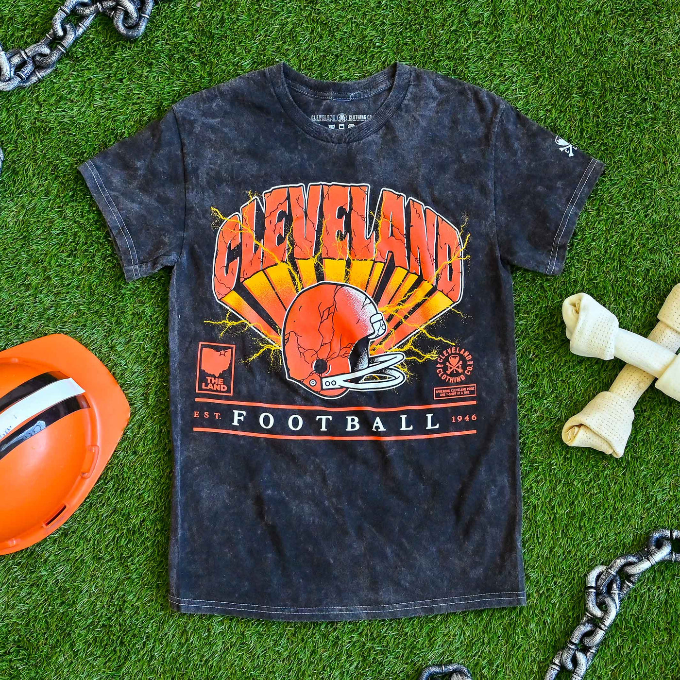 Cleveland Lightning Helmet Unisex Crew T-Shirt – Black Mineral Wash