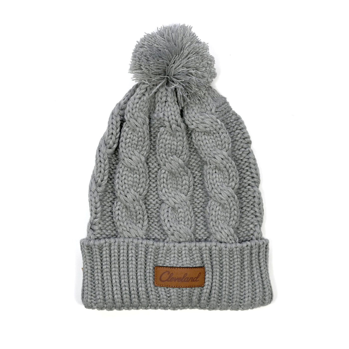 Cleveland Leather Patch Cable Knit Beanie - Grey