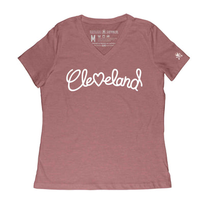 Cleveland Heart Script - Womens Relaxed V Neck - Mauve T-Shirt